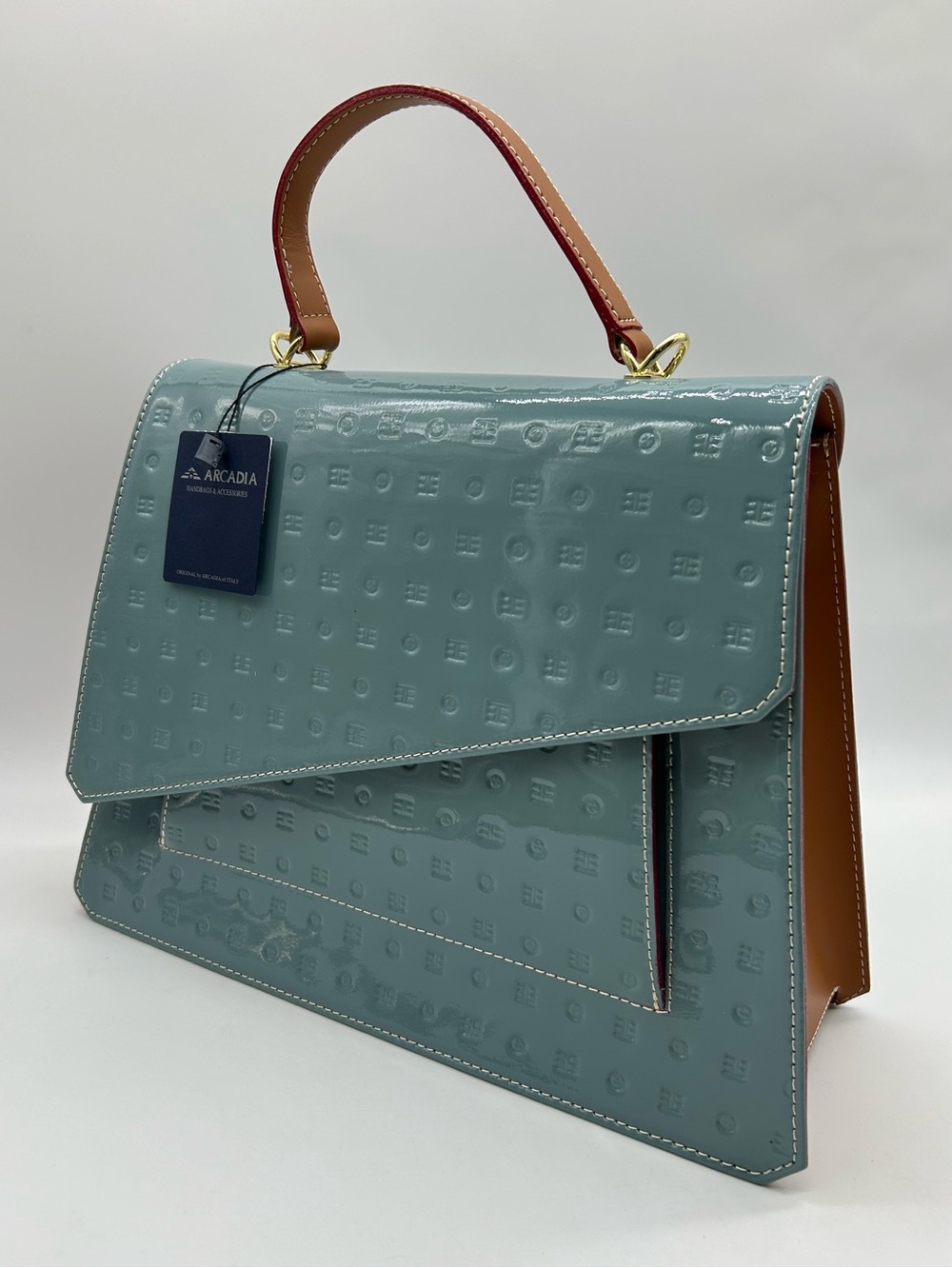 Arcadia Patent Leather Crossbody Bag Blue Tan Made in Italy New With Tag - Picture 5 of 15